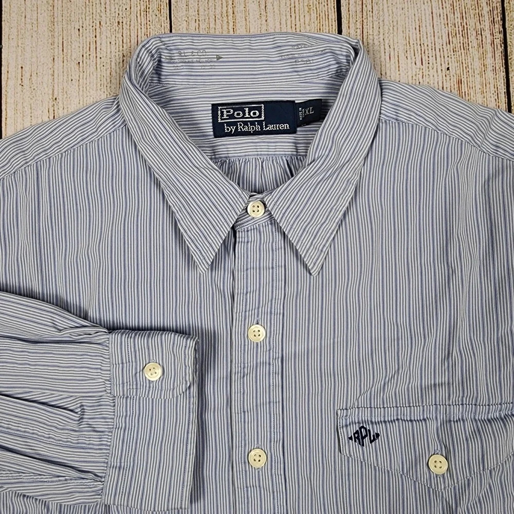 Vintage Polo Ralph Lauren Button Shirt Mens XL‎ Monogrammed Pocket Striped Blue